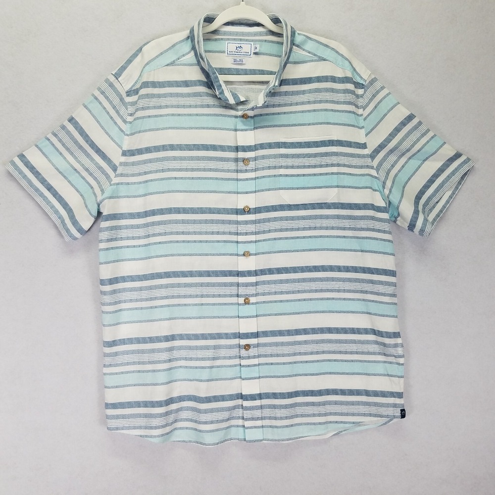 Southern Tide Linen Blend Casual Shirt Men Sz XL White Blue Stripes Short Sleeve
